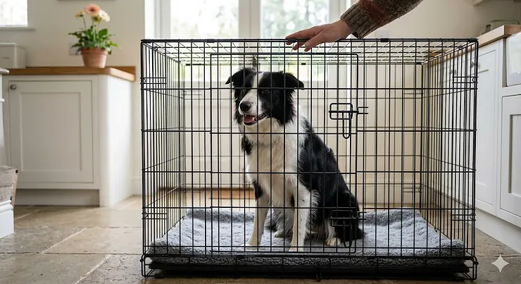 A photorealistic 4K image showing a happy Border Collie sitting inside a black metal 36-inch dog crate with ample headroom and a soft grey fleece mat, set in a light, farmhouse-style British utility room. border collie crate size 36 inch