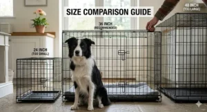 A comparison guide showing a Border Collie next to a 36-inch (recommended) crate, a 24-inch (too small) crate, and a 48-inch (too large) crate.