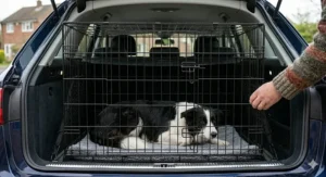 A Border Collie shown in two sleeping positions—curled up and fully stretched out—demonstrating the length and space of a 36-inch crate.