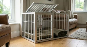 A bulldog travel crate positioned in the boot of an estate car, showing clear air gaps for ventilation during transit.