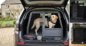 A slanted dog crate designed to fit safely inside the boot of a UK-spec SUV for a Labrador Retriever.