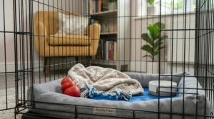 Illustration showing a Rottweiler puppy standing comfortably inside a dog crate with enough room to turn around and lie down, highlighting proper sizing.