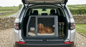 Alt text for image 2: Illustration showing the ideal dimensions of a crate for an adult Cocker Spaniel to stand and turn around comfortably.