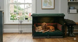 Alt text for image 4: A working Cocker Spaniel puppy sleeping in a small crate with a chew toy and a vet-bed liner.