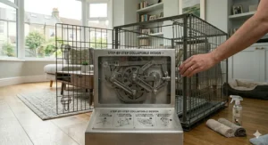 Step-by-step graphic showing the collapsible flat-pack folding design and carrying handles of a large heavy duty wire dog crate.
