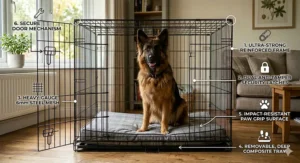 Alt text for image 9: An explanatory infographic highlighting the structural build of a robust German Shepherd crate, including details on the anti-tamper security latches, impact-resistant surface, and 6mm steel mesh.