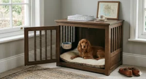 Alt text for image 5: Interior view of a dog crate for a Cocker Spaniel featuring a waterproof orthopaedic mattress and a light cover.