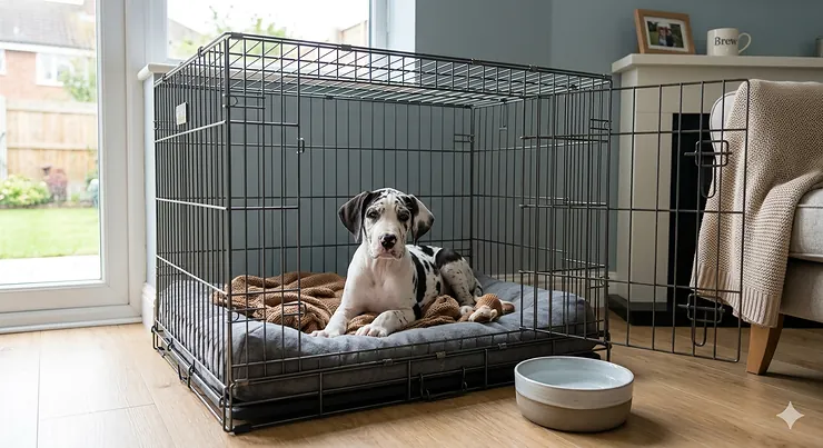An 8-week-old black and white Great Dane puppy sitting comfortably inside a XX-Large wire crate setup in a modern UK living room. crate for great dane puppy