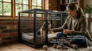 An infographic showing a young beagle puppy sitting calmly inside a secure crate during a positive reinforcement training session.