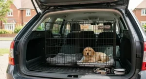 A 36-inch dog crate with divider positioned securely in the boot of a UK estate car for safe travel.