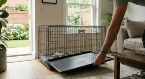 A person sliding out the leak-proof plastic base tray from a 36-inch dog crate for easy cleaning.