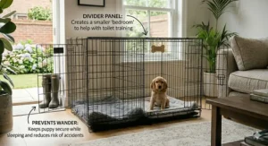 An illustration showing the correct use of a divider panel to assist with crate training a new puppy.