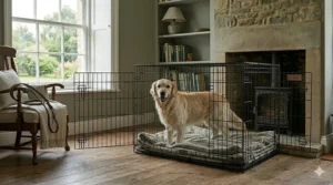 An adult Golden Retriever standing inside a 42-inch dog crate with both the front and side doors fully open to demonstrate flexible access.