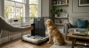 Close-up of a heavy-duty large dog cage showing the secure sliding latch on the wide front-facing door.