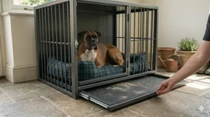 A slide-out, removable metal tray being pulled from the base of a heavy duty dog crate, demonstrating easy cleaning for dog hair and muddy paws.