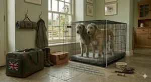 Two adult Irish Wolfhounds standing comfortably side-by-side inside a 142cm wide by 91cm high extra-extra-large heavy-duty dog crate, ideal for a multi-dog household.
