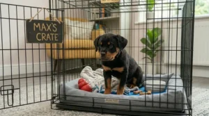 A Rottweiler puppy happily eating its dinner from a bowl placed at the back of its crate to build a positive association with the space.
