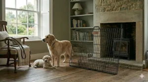 An adult Golden Retriever and a puppy standing next to a 42-inch metal dog crate folded completely flat for easy transport and storage.