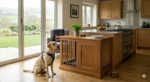 Elegant wooden furniture-style dog crate that doubles as a side table in a British-style home.