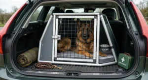 Alt text for image 6: A long-haired German Shepherd lying comfortably inside a secure Ellie-Bo aluminium travel crate fitted into the boot of a British estate car.