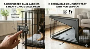 Alt text for image 7: An infographic detailing premium features of a heavy-gauge wire dog crate, featuring a secure latch system, reinforced frame, and an easy-clean removable composite tray.