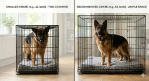 Alt text for image 3: A visual comparison showing a German Shepherd standing awkwardly in a 42-inch crate and then comfortably with plenty of room in a 48-inch crate, illustrating correct dimensions.