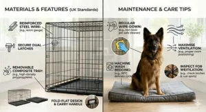Alt text for image 5: A visual comparison demonstrating that a smaller female German Shepherd may fit well in a 42-inch crate, while a large, broad male GSD will likely require a 54-inch crate for adequate space.