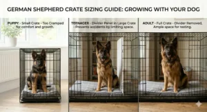 Alt text for image 4: A progression guide showing a German Shepherd using a 48-inch crate with an adjustable divider panel when young, and then the full space as an adult, illustrating proper growth management.