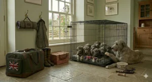 An adult Irish Wolfhound lying down on the floor outside an extra-large dog crate filled with a large litter of puppies in a country home.