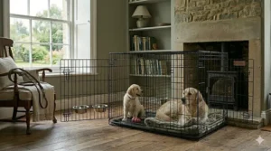 A 42-inch dog crate configured with an internal divider panel, creating a separate cosy den for a Golden Retriever puppy and an adult dog.