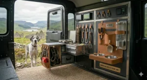 A luxury leather-trimmed 'UK Explorer' travel kit accessory attached to a heavy-duty dog crate in the boot of an estate car, complete with built-in water dispenser and bowls.