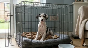 A metric sizing chart illustrating the required crate dimensions in centimetres as a Great Dane puppy grows from 2 to 12 months old.