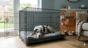 An infographic guide to crate training a puppy in the UK, showing a structured house-training schedule, positive reinforcement tips, and daily toilet break routines for a young dog.