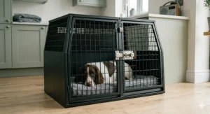 A 4K photorealistic image set within a modern British utility room, capturing a large, heavy-duty matte-black steel escape-proof dog crate designed for anxious pets, sourced from Amazon.