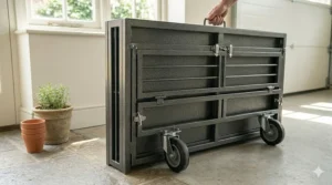 A durable metal dog crate folded completely flat, equipped with a carrying handle and heavy-duty lockable castor wheels for easy portability.