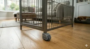 Close-up illustration of the rubber anti-scratch roller feet attached to the bottom corners of an XXL 48 inch dog cage to protect hardwood floors.