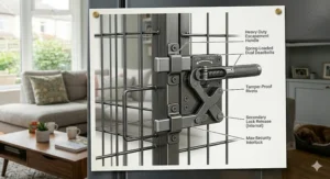 Close-up technical drawing of the escape-proof double-lock door latches on an extra large heavy duty dog cage.