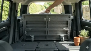 The heavy duty boxer dog crate folded flat and being lifted into the boot of a UK vehicle, demonstrating compact storage for travel.
