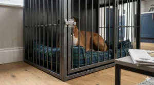 Close-up view of the escape-proof steel latches on a heavy duty crate for a boxer dog, highlighting the chew-proof metal construction and textured finish.