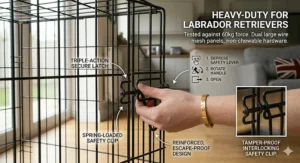 Strong, reinforced steel dog crate suitable for high-energy Labradors or dogs prone to chewing.