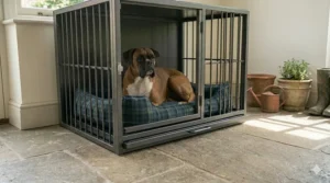 A boxer dog resting inside a heavy duty metal crate with the integrated bottom cleaning tray securely closed.