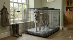 An adult grey Irish Wolfhound standing naturally inside a massive wire dog crate, demonstrating the proper crate height and headroom required for giant dog breeds.