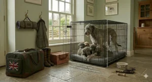An adult Irish Wolfhound standing over its litter of puppies inside a large wire dog crate, showing internal dimension lines of 122cm width and 61cm height.