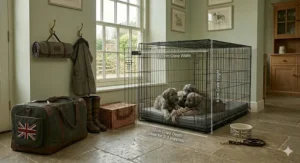 An extra-large dog crate containing three Irish Wolfhound puppies, overlayed with clear text labels indicating a 122cm crate width, 61cm crate height, and 72cm crate depth.