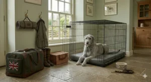 A young Irish Wolfhound resting comfortably inside an extra-large black wire dog crate on a flagstone floor, with British country-themed accessories nearby.