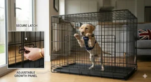 Metal wire divider panel inside a large crate used to adjust the space for a growing Labrador puppy.