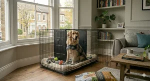 A black plastic slide-out base tray being removed from the bottom of a large double door dog cage for easy cleaning.