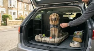 An adjustable wire divider panel fitted inside a large Amazon dog crate to reduce the size for a growing puppy.