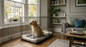 Sizing diagram of a large double door dog crate showing dimensions in centimetres, suitable for deep-chested breeds like Labradors.