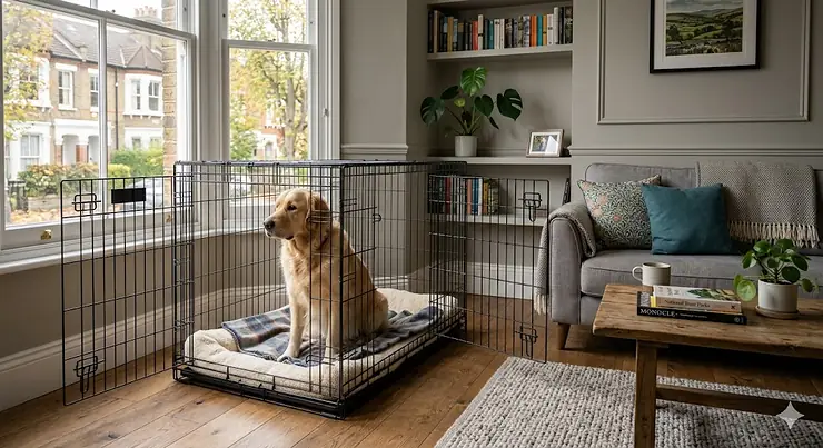 Black metal large dog crate with double doors on a wooden floor, showing front and side door access options available on Amazon UK. large dog crate double door amazon